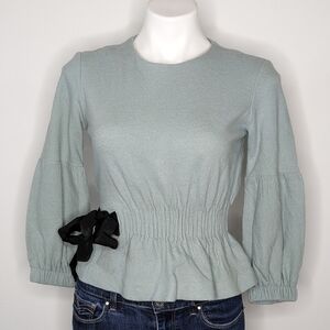Mignon Doo blue wool blend tie waist long sleeve top XS